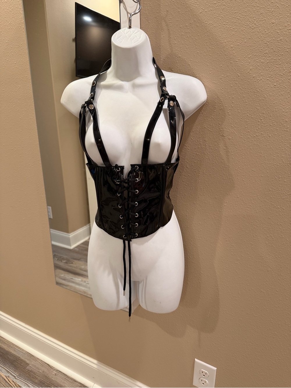 Elegant Moments Black Patent Lace-Up Harness Corset